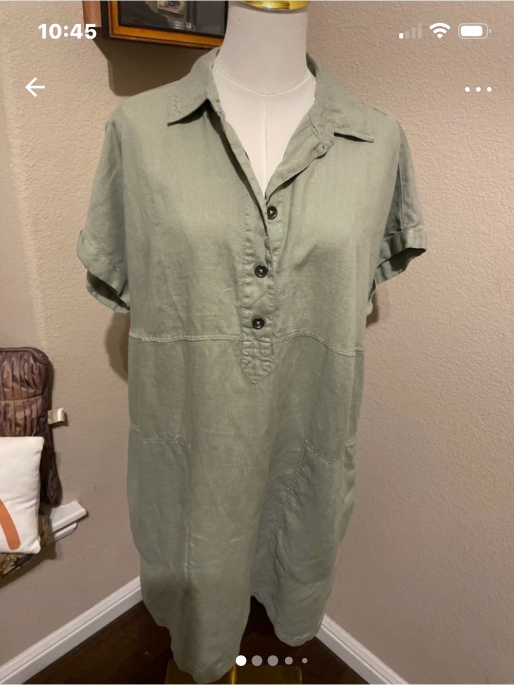 Casual Olive Green Short Sleeve linen Shirt Dress
